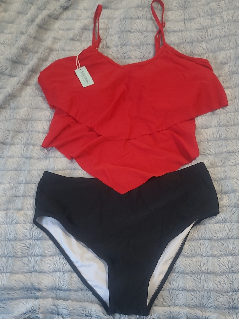 Red Ruffle Tankini Top with Black High-Waist Bottoms